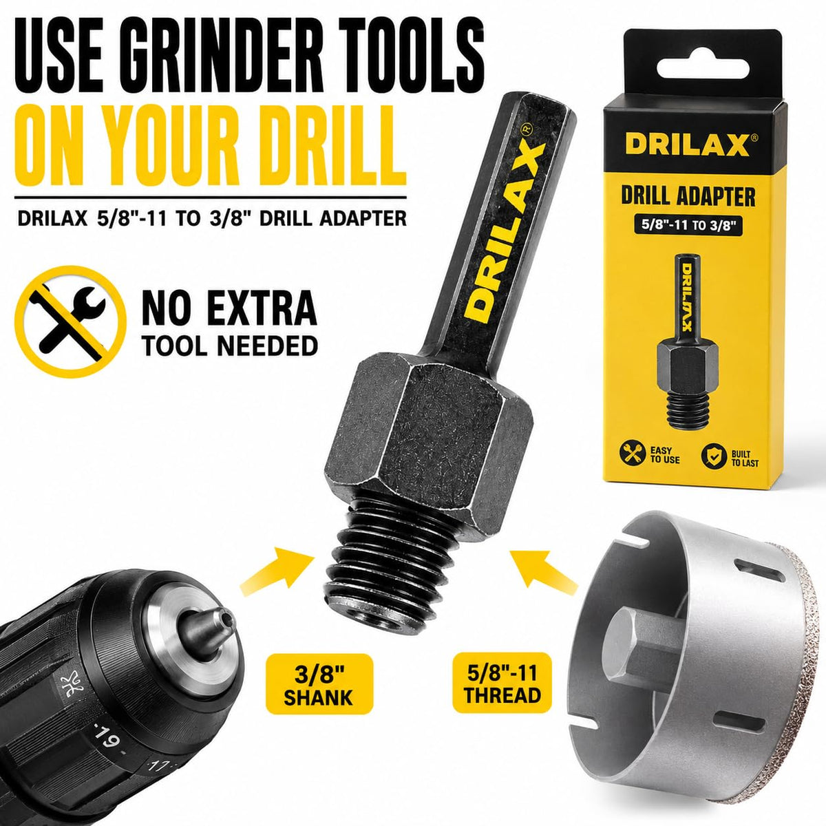 Use grinder tools on your drill: 3/8 inch shank, 5/8-11 thread