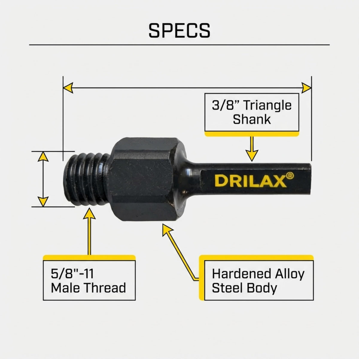 Adapter specs: 3/8 inch triangle shank and 5/8-11 male thread