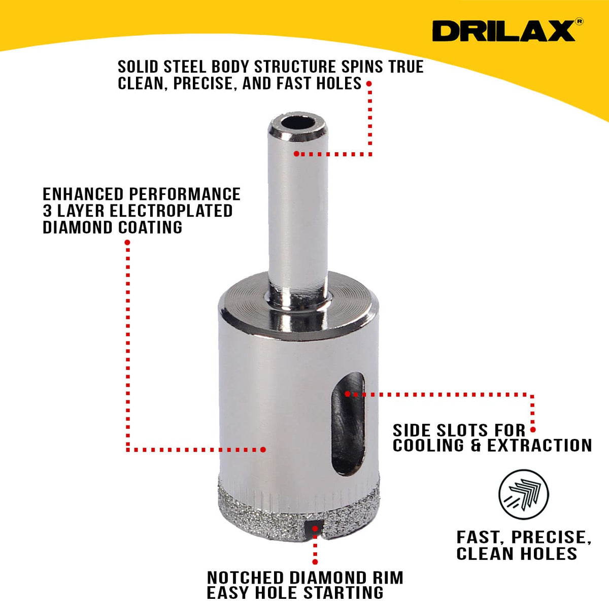 Solid steel body with triple-layer electroplated diamond coating and notched rim