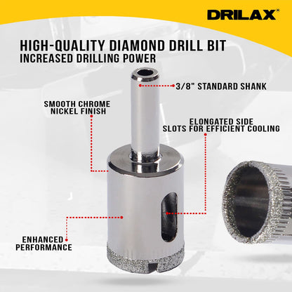 5/8 inch diamond hole saw features: 3/8 inch standard shank, chrome nickel finish, side cooling slots, triple-layer diamond