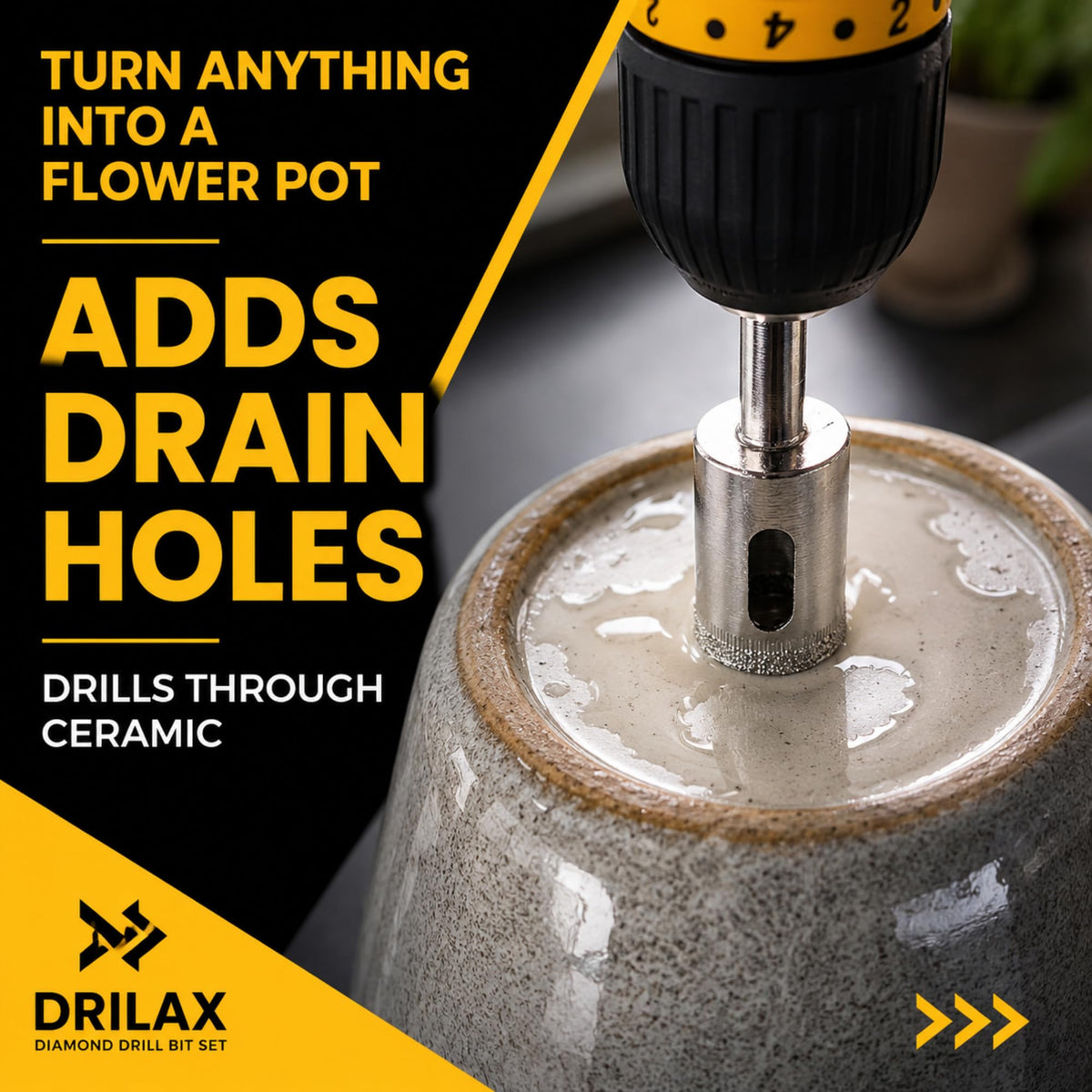 Adding drain holes to a ceramic pot with the 5/8 inch diamond bit