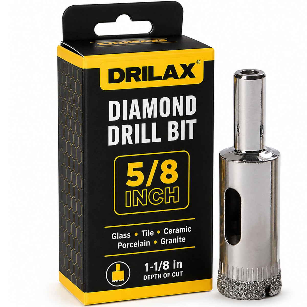 5/8 inch diamond drill bit in its box, 1-1/8 inch depth of cut