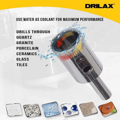 Use water as coolant: drills quartz, granite, porcelain, ceramic, glass and tile