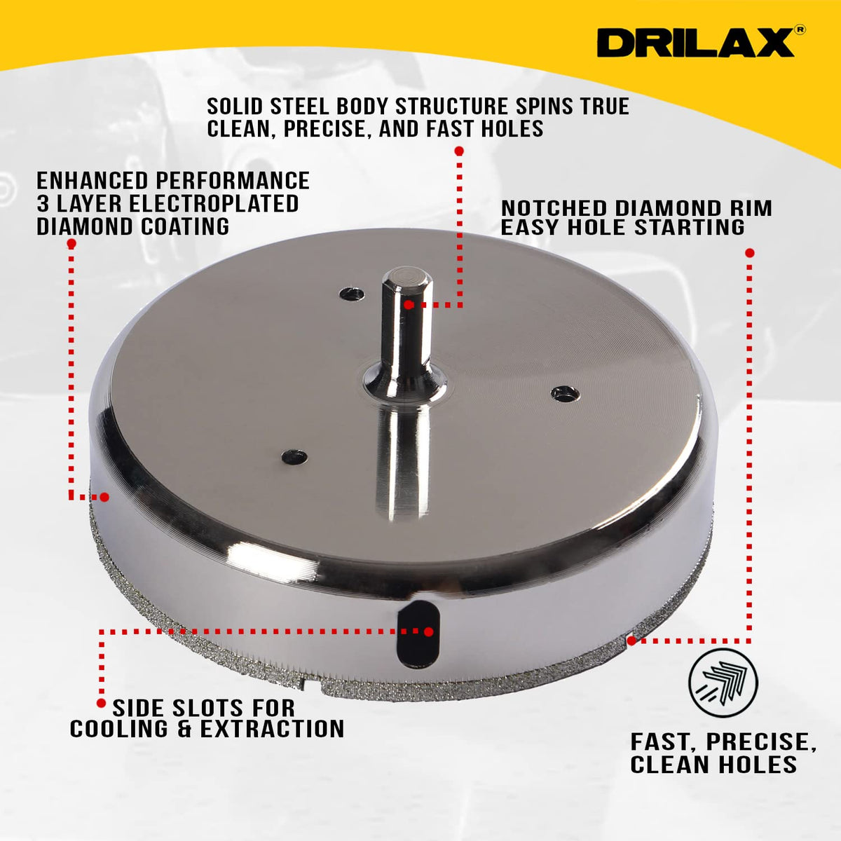 Solid steel body, 3 layer electroplated diamond coating, side slots and notched diamond rim