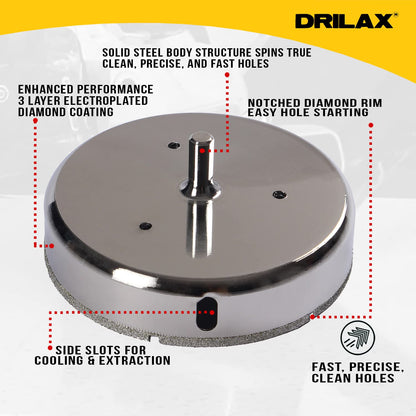 Solid steel body, 3 layer electroplated diamond coating, side slots and notched diamond rim