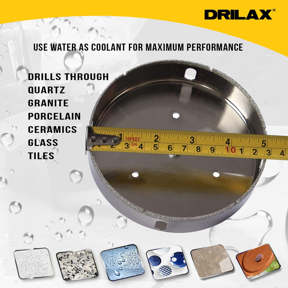 Measuring the 5 inch diameter; drills quartz, granite, porcelain, ceramic, glass and tile