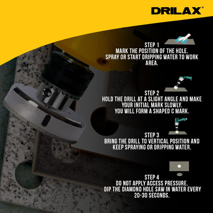 How to drill: mark the hole and add water, start at a slight angle, bring the drill vertical, keep it wet