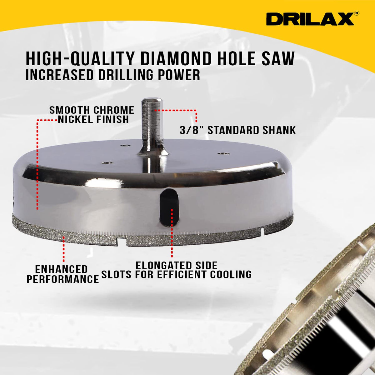 Smooth chrome nickel finish, 3/8 inch standard shank, elongated side slots for cooling