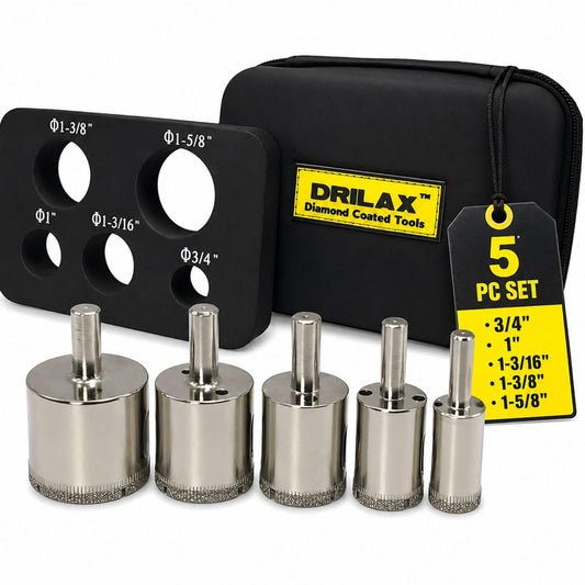 5-piece diamond hole saw kit, 3/4 to 1-5/8 inch, with guide and case