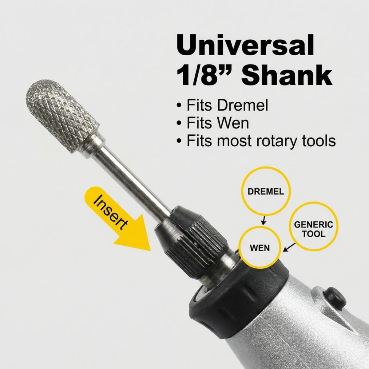 Universal 1/8 inch shank fits most rotary tools
