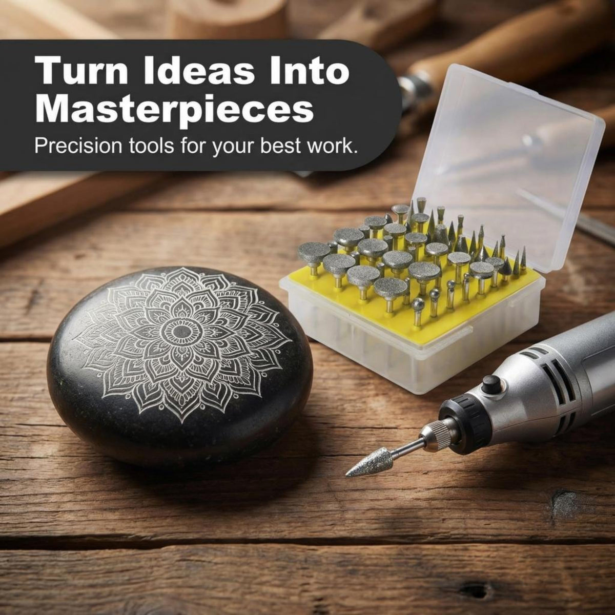 Engraved stone with the 50-piece burr set
