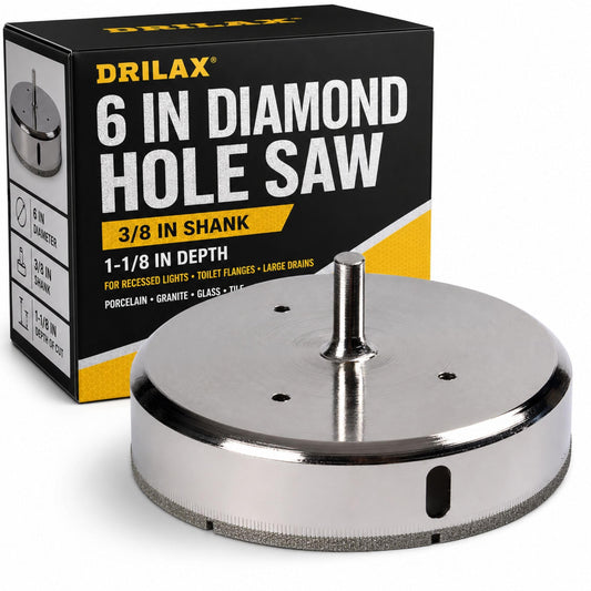 6 inch diamond hole saw in its box: 3/8 inch shank, 1-1/8 inch depth