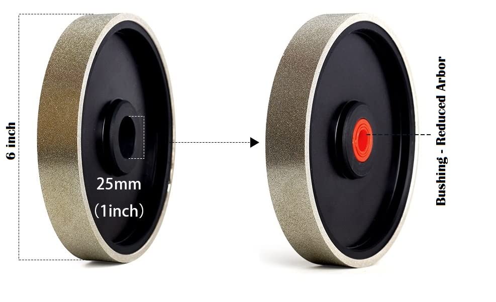 6 inch diameter, 1 inch (25 mm) arbor with reducer bushing