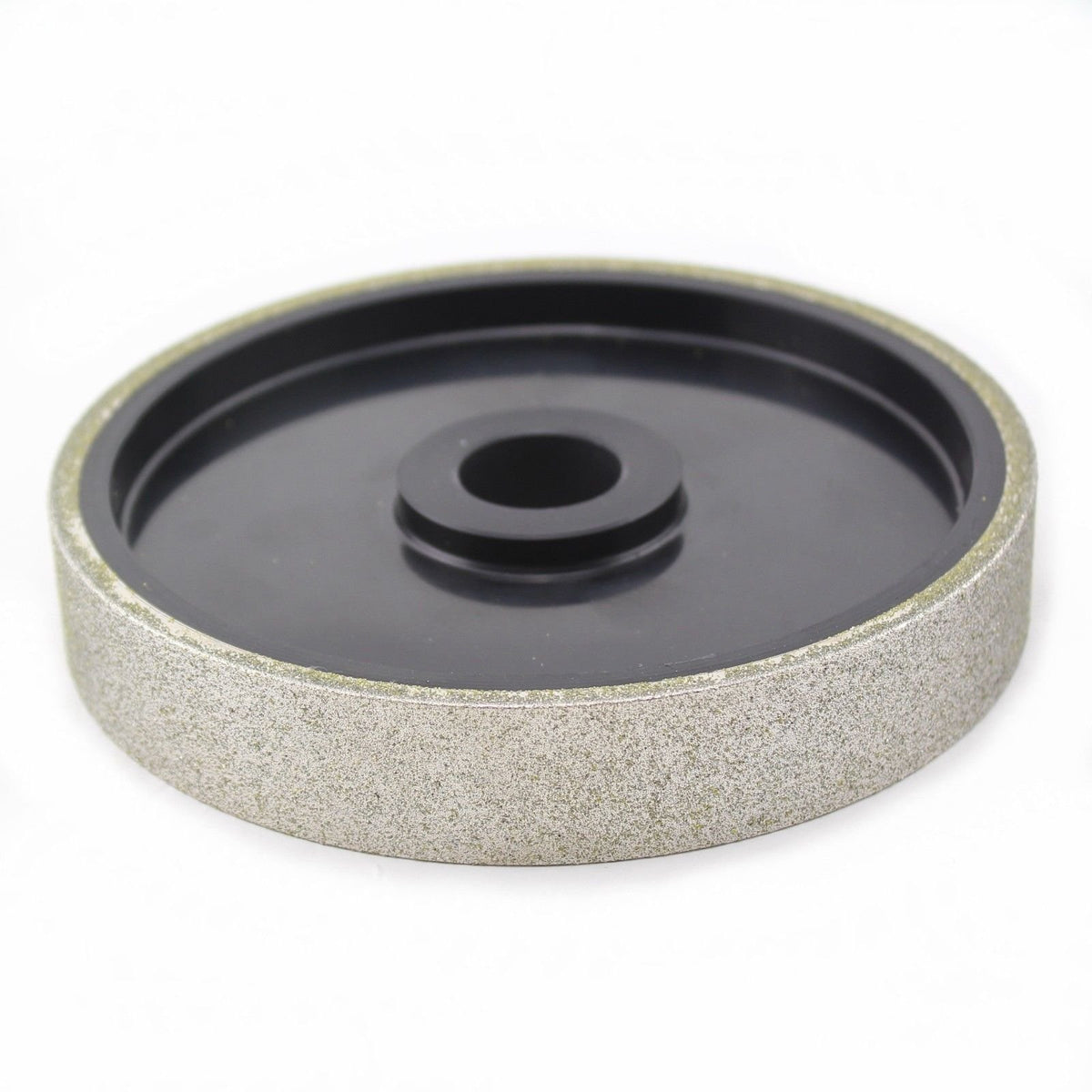 6 inch 100 grit diamond cabbing wheel, side view showing 1 inch arbor hub