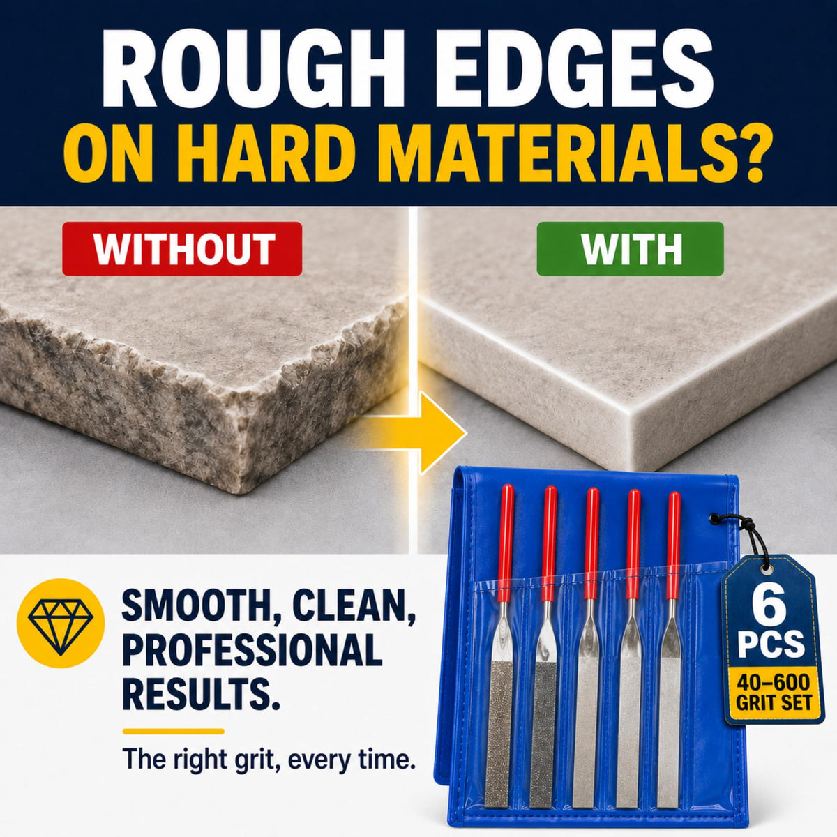 Stone edge before and after filing with the diamond file set