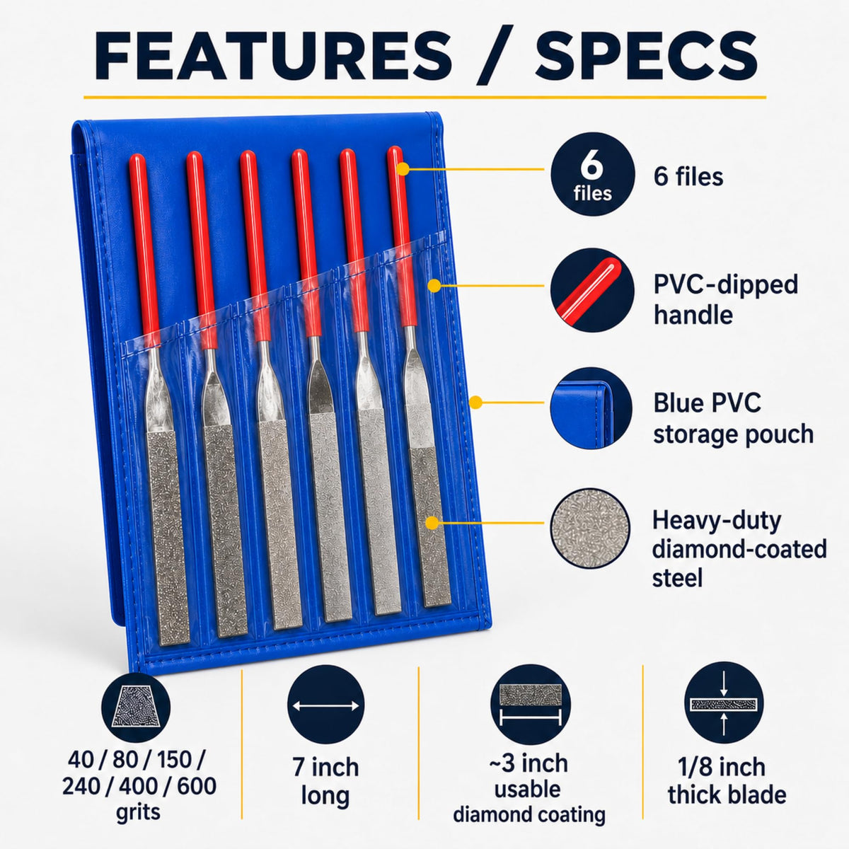 6-piece diamond file set specs: 7 inch long, 1/8 inch blade, PVC handles