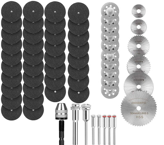 60-piece rotary cutting wheel set with fiberglass wheels, diamond discs, HSS blades, mandrels and keyless chuck
