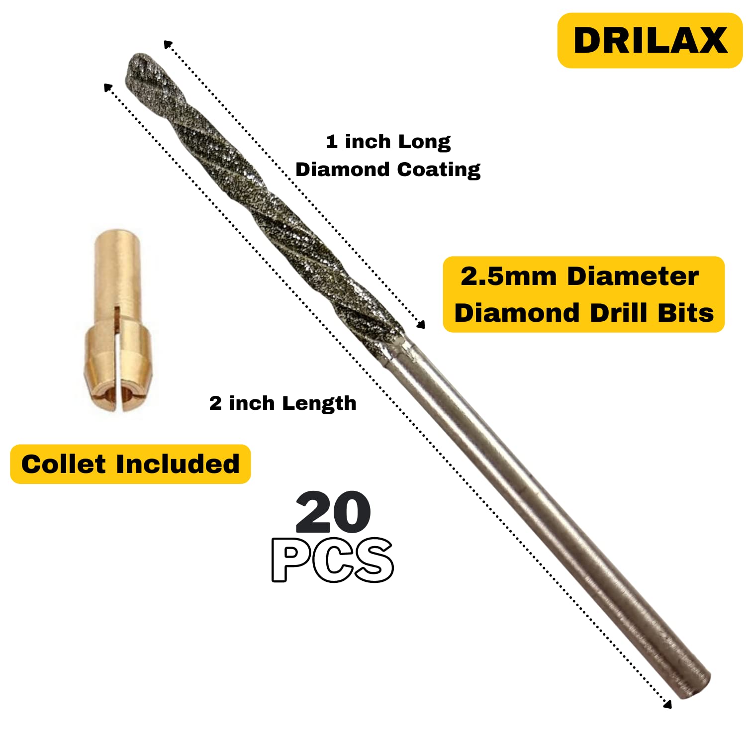 Diamond Drill Bit 2.5mm 20 Pieces Set Twist Tip Glass Drilling Making Jewelry Necklace Earrings Pendants Bracelets with Sea Shells Beach Rocks Ceramic Porcelain Gemstones drilax-tools