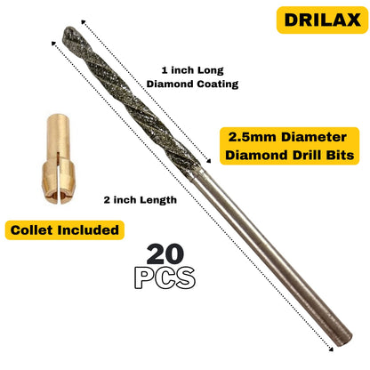 Diamond Drill Bit 2.5mm 20 Pieces Set Twist Tip Glass Drilling Making Jewelry Necklace Earrings Pendants Bracelets with Sea Shells Beach Rocks Ceramic Porcelain Gemstones drilax-tools