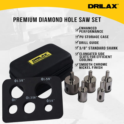 Drilax 5 Pcs Diamond Drill Bit Set 3/4", 1", 1-3/16", 1-3/8", 1-5/8" Wet Cutting Tiles, Glass, Fish Tanks, Marble, Granite, Ceramic, Porcelain, Bottle drilax-tools