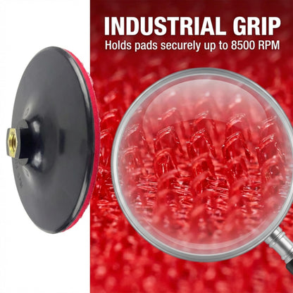 Hook and loop holds pads up to 8,500 RPM