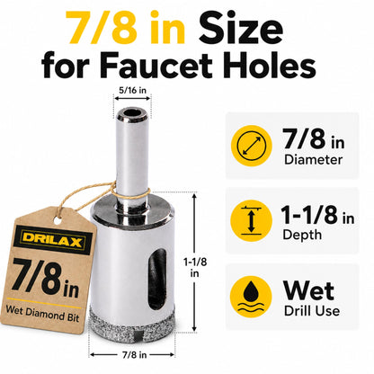 7/8 inch diameter, 1-1/8 inch depth, wet drill use