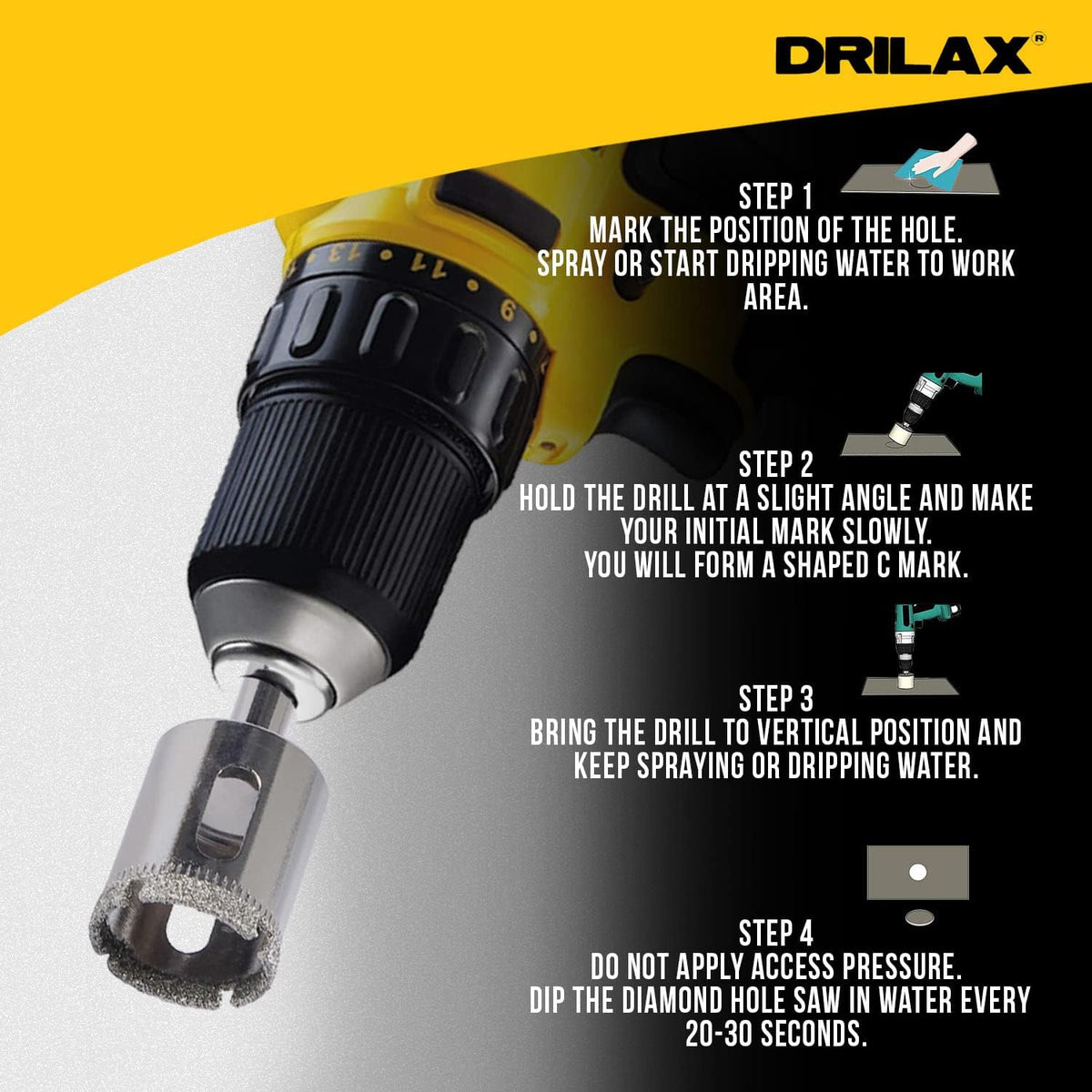 How to drill: mark the hole and add water, start at an angle, bring the drill vertical, light pressure
