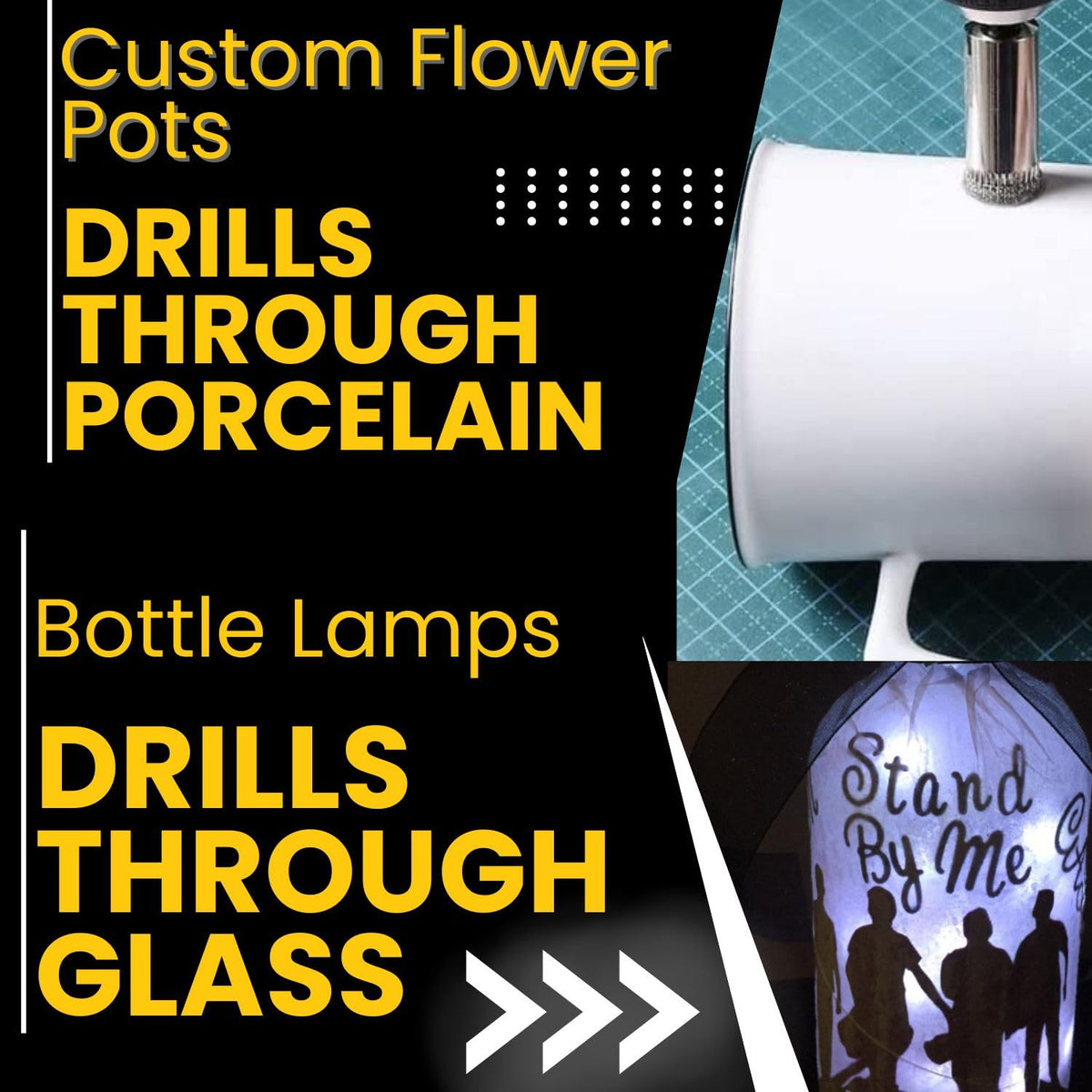 Drills through porcelain and glass for flower pots and bottle lamps