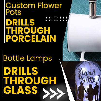 Drills through porcelain and glass for flower pots and bottle lamps