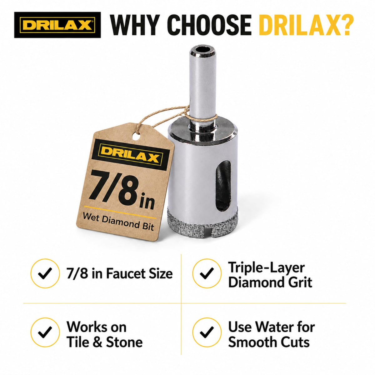 7/8 inch faucet size, triple-layer diamond grit, use water