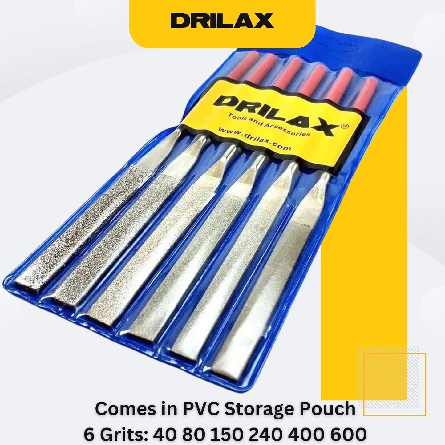 Drilax 6-Piece Diamond Flat File Set – Grits 40, 80, 150, 240, 400, 600 for Glass, Jewelry, Stone & Metal