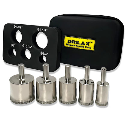 Drilax 5 Pcs Diamond Drill Bit Set 3/4", 1", 1-3/16", 1-3/8", 1-5/8" Wet Cutting Tiles, Glass, Fish Tanks, Marble, Granite, Ceramic, Porcelain, Bottle drilax-tools