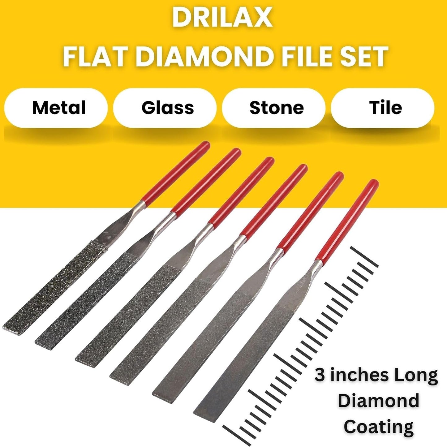 Drilax 6-Piece Diamond Flat File Set – Grits 40, 80, 150, 240, 400, 600 for Glass, Jewelry, Stone & Metal