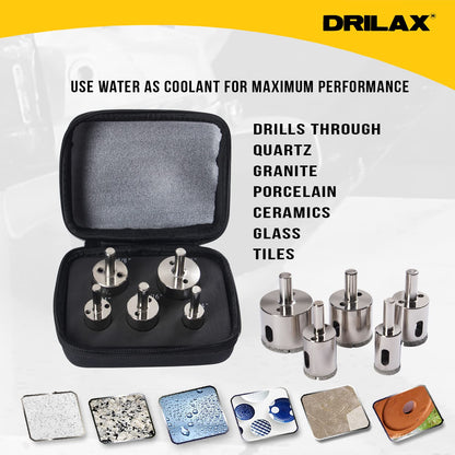 Drilax 5 Pcs Diamond Drill Bit Set 3/4", 1", 1-3/16", 1-3/8", 1-5/8" Wet Cutting Tiles, Glass, Fish Tanks, Marble, Granite, Ceramic, Porcelain, Bottle drilax-tools