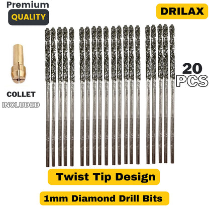 1mm Diamond Bits For Drilling Stone Compatible with Dremel Drill Bit Set Twist Tip Design Jewelry Sea Glass Beach Shell Gemstone 20 Pieces Set drilax-tools