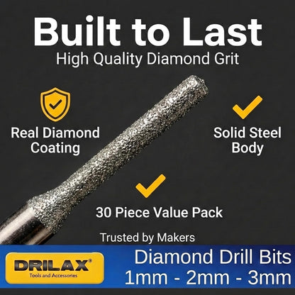 30-Piece Diamond Drill Bit Set (1mm, 2mm, 3mm) for Sea Glass, Shells & Gemstones