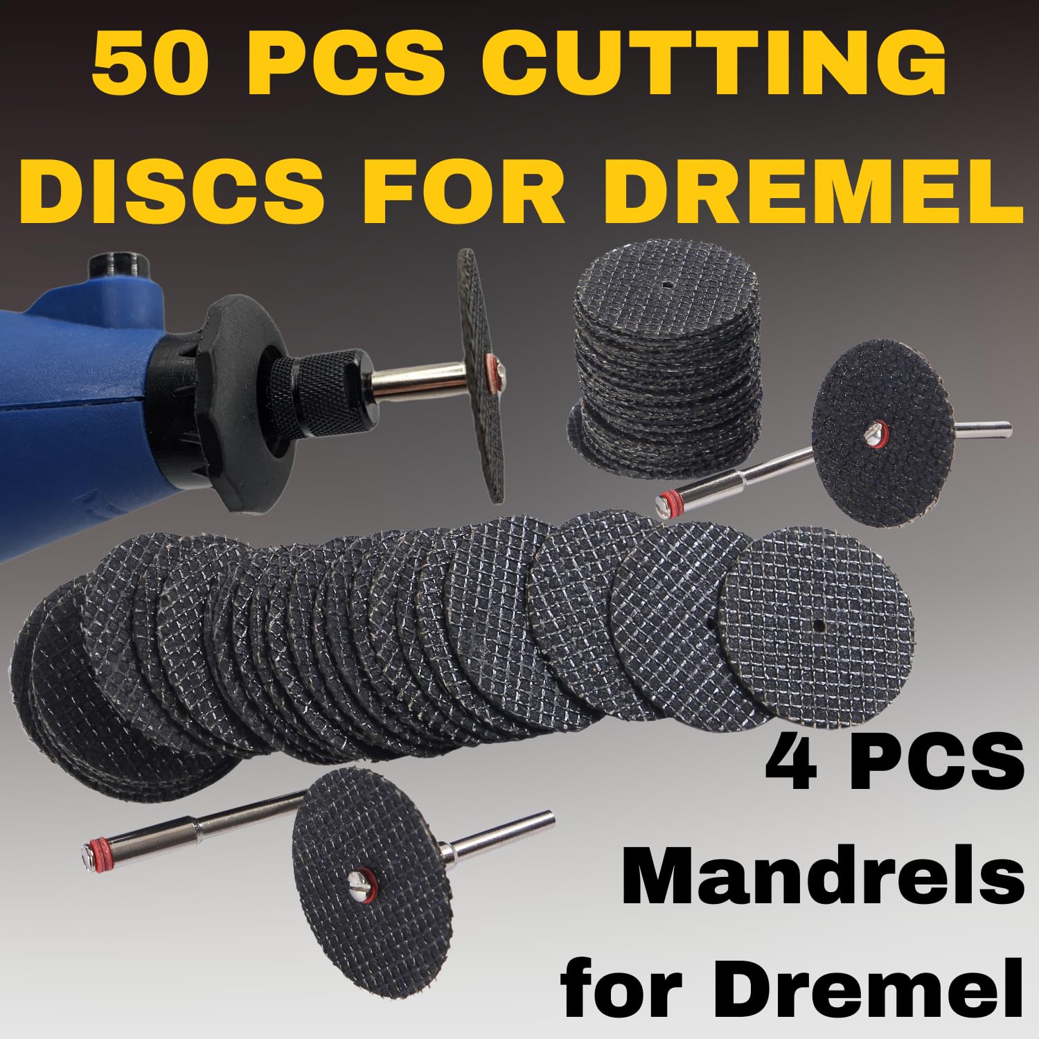 Fiberglass Reinforced Cut-Off Wheels 50 Pieces 1 1/4 inch Diameter Abrasive Cutting Tool Disc with 4 402 Mandrels Included Rotary Discs Compatible with Dremel 426 426b drilax-tools