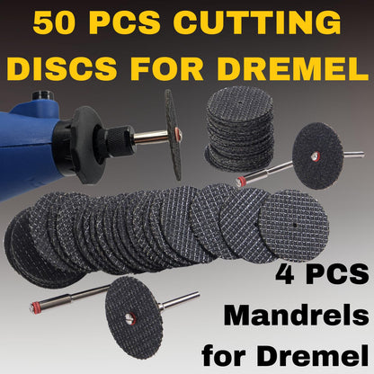 Fiberglass Reinforced Cut-Off Wheels 50 Pieces 1 1/4 inch Diameter Abrasive Cutting Tool Disc with 4 402 Mandrels Included Rotary Discs Compatible with Dremel 426 426b drilax-tools