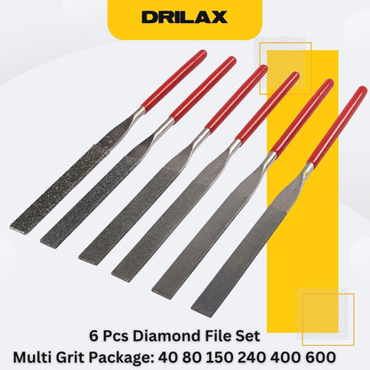 Drilax 6-Piece Diamond Flat File Set – Grits 40, 80, 150, 240, 400, 600 for Glass, Jewelry, Stone & Metal
