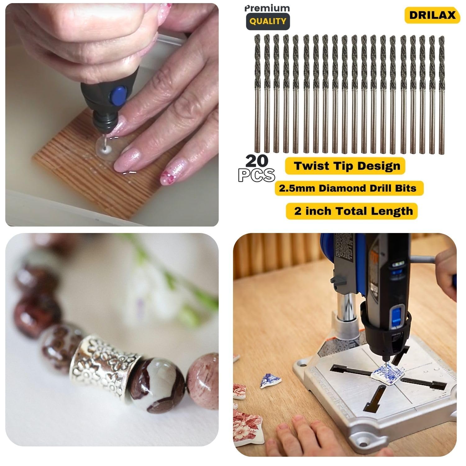 Diamond Drill Bit 2.5mm 20 Pieces Set Twist Tip Glass Drilling Making Jewelry Necklace Earrings Pendants Bracelets with Sea Shells Beach Rocks Ceramic Porcelain Gemstones drilax-tools