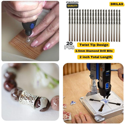 Diamond Drill Bit 2.5mm 20 Pieces Set Twist Tip Glass Drilling Making Jewelry Necklace Earrings Pendants Bracelets with Sea Shells Beach Rocks Ceramic Porcelain Gemstones drilax-tools