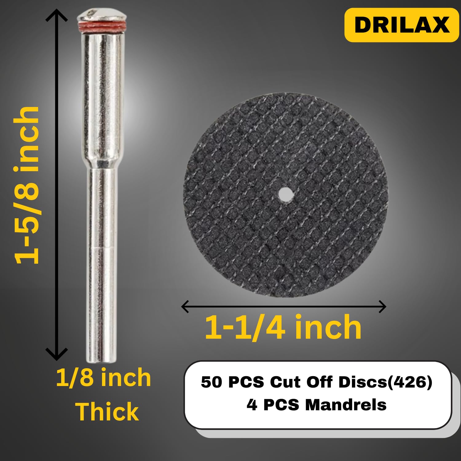 Fiberglass Reinforced Cut-Off Wheels 50 Pieces 1 1/4 inch Diameter Abrasive Cutting Tool Disc with 4 402 Mandrels Included Rotary Discs Compatible with Dremel 426 426b drilax-tools