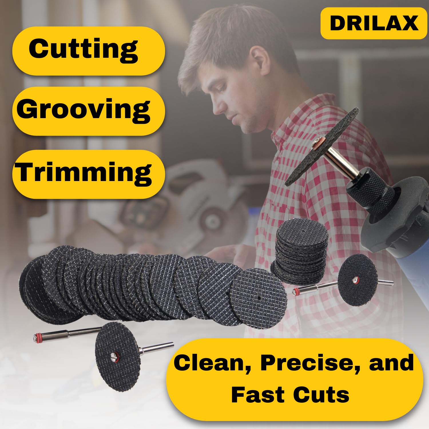 Fiberglass Reinforced Cut-Off Wheels 50 Pieces 1 1/4 inch Diameter Abrasive Cutting Tool Disc with 4 402 Mandrels Included Rotary Discs Compatible with Dremel 426 426b drilax-tools