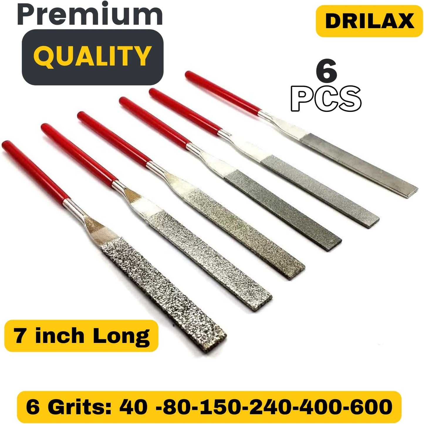 Drilax 6-Piece Diamond Flat File Set – Grits 40, 80, 150, 240, 400, 600 for Glass, Jewelry, Stone & Metal