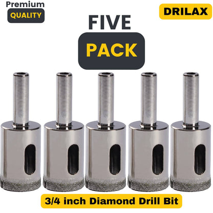 Drilax 3/4" Diamond Drill Bit Hole Saw Set – 5‑Pack Wet Drilling Bits for Ceramic, Porcelain, Glass, Granite & Quartz