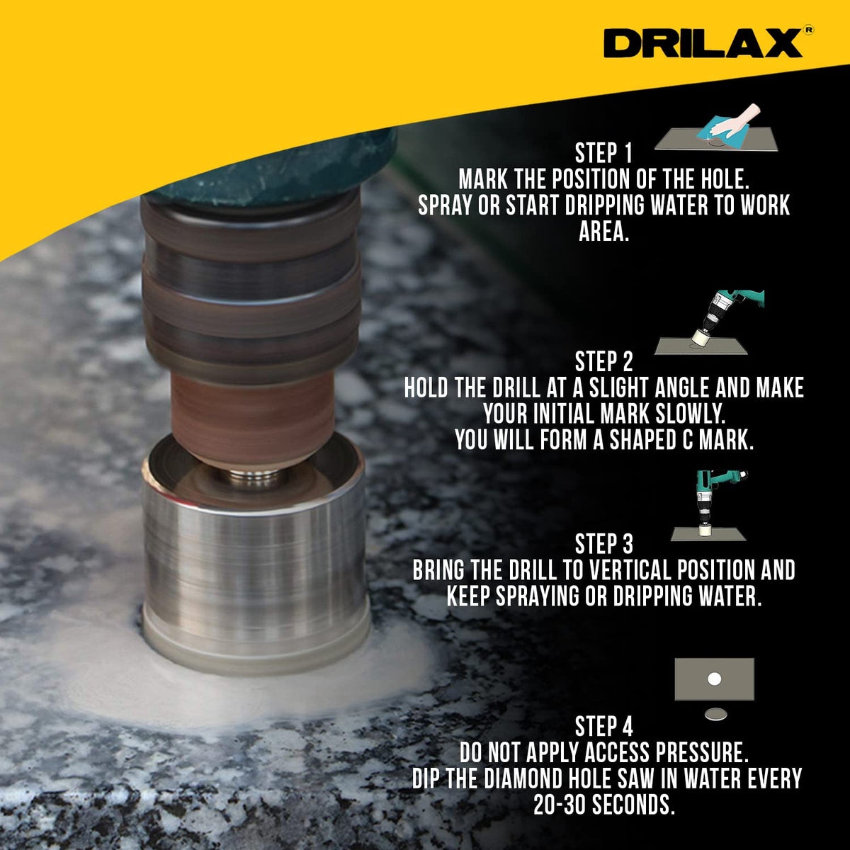 How to drill: mark, angle start, go vertical, keep it wet