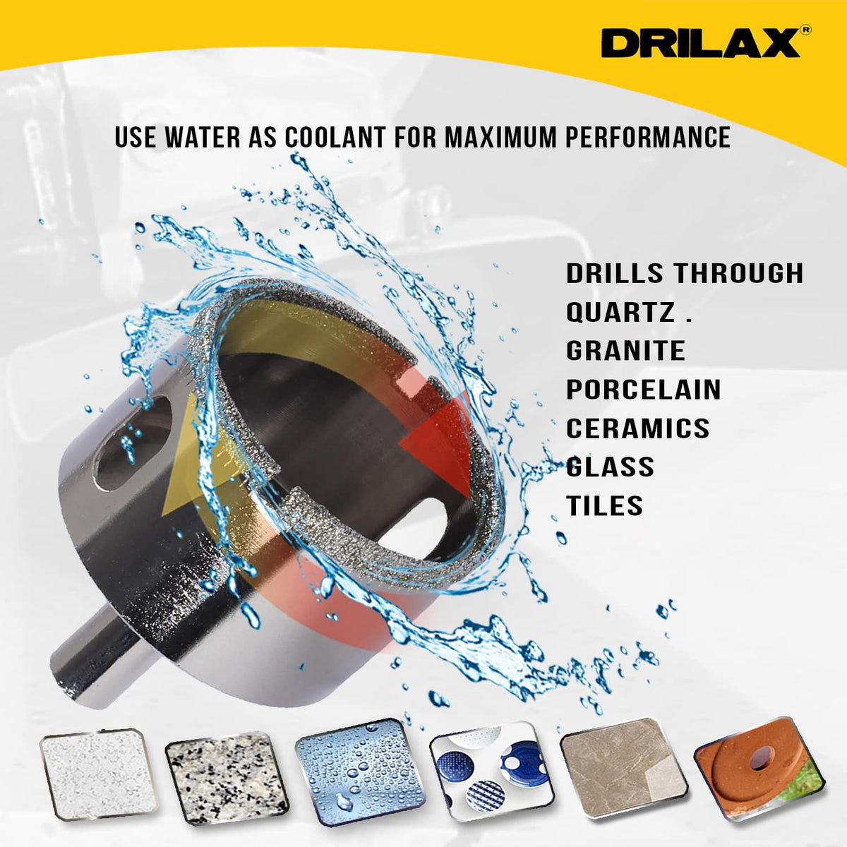 Use water as coolant; drills quartz, granite, porcelain, ceramics, glass and tiles
