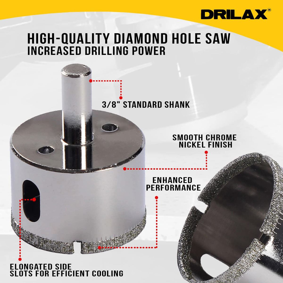 3/8 inch standard shank, chrome nickel finish, elongated cooling slots