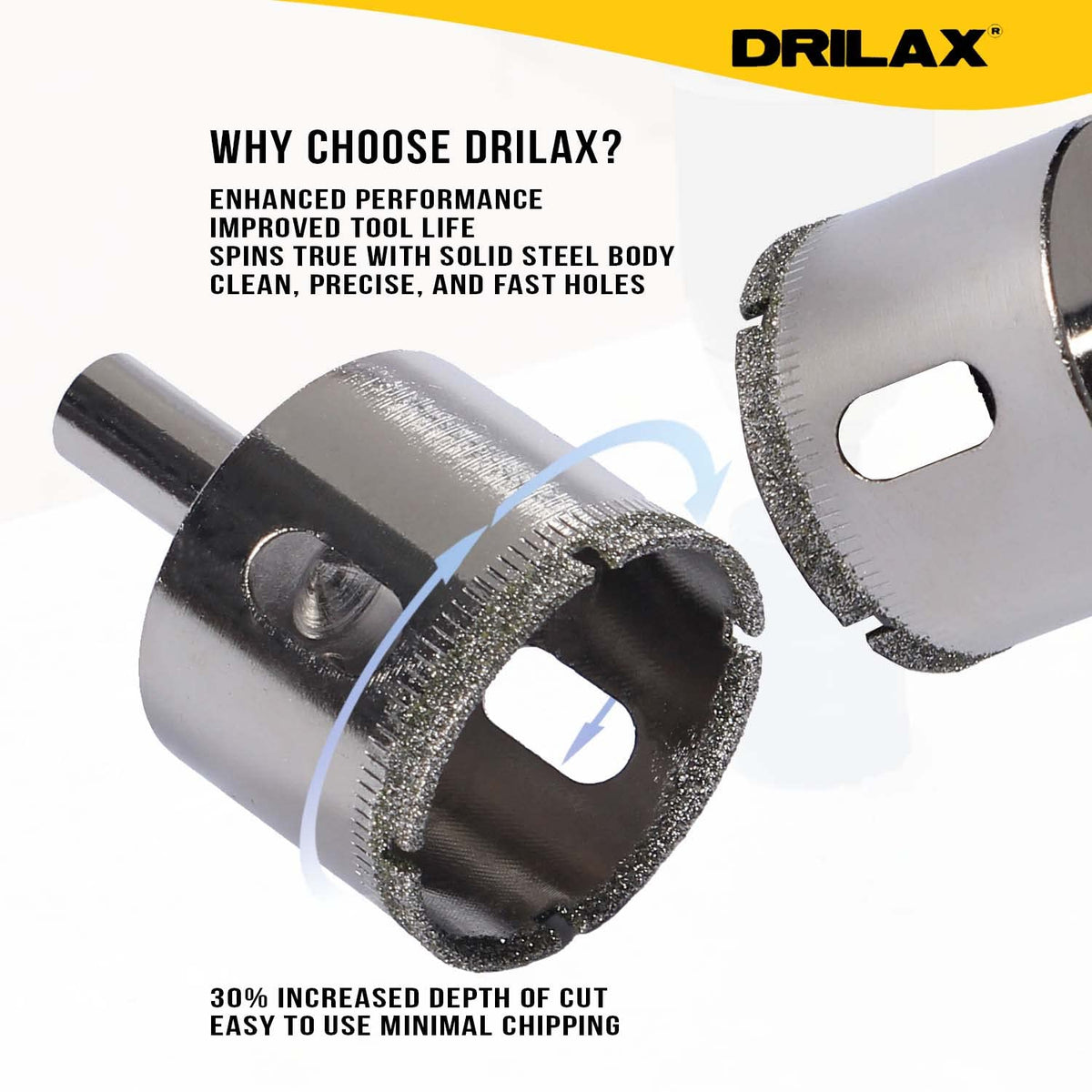Solid steel body spins true for clean, precise holes