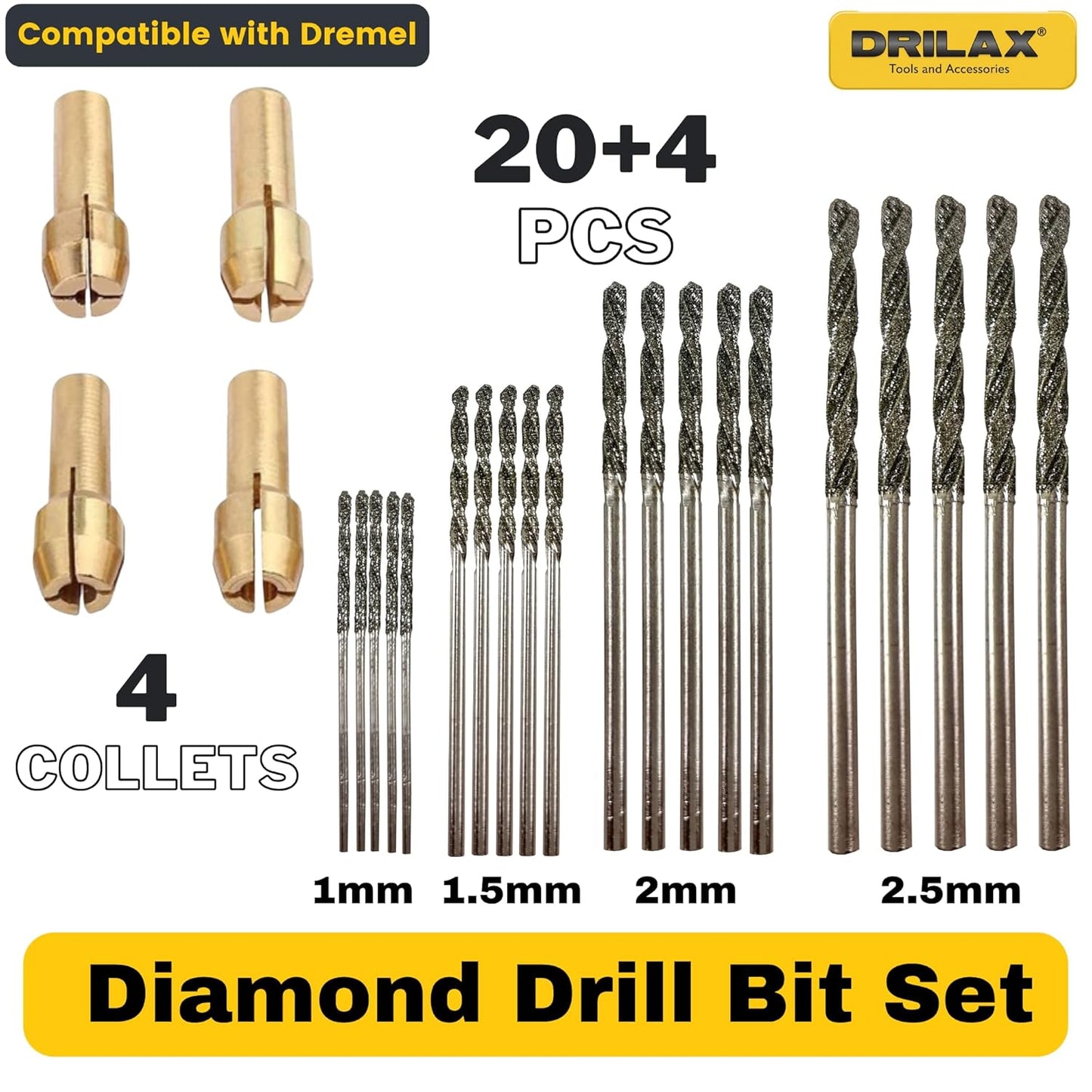 Drilax Diamond Drill Bits for Glass, Stones, Jewelry & Lapidary (1mm to 2.5 mm) 24 Pcs Set Collets Included